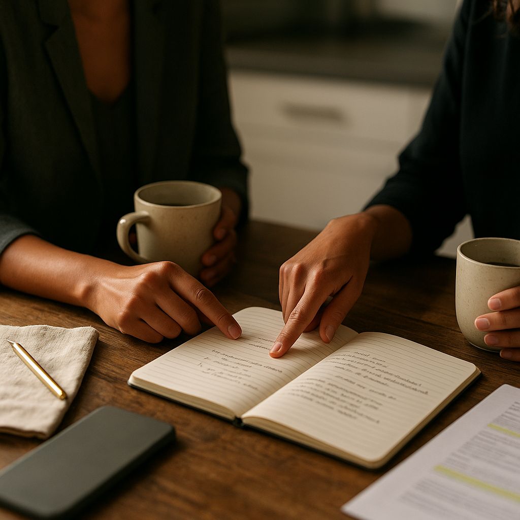 Woman working at a laptop with coffee and planner
